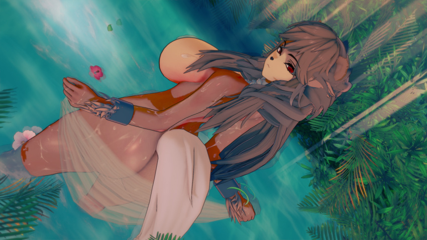 anthro big_breasts breasts brown_hair canid canine curvaceous curvy_figure entei female feral hair humanoid legendary_pok&eacute;mon looking_back mammal nature nature_background nintendo nude pok&eacute;mon pok&eacute;mon_(species) red_eyes relaxing scenic_view solo tall towel video_games voluptuous wet