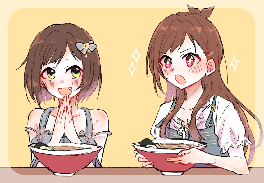 +_+ 2girls :o animal_ears blush brown_hair collarbone dress fang food green_eyes highres idolmaster idolmaster_cinderella_girls krs_bb long_hair looking_at_another maekawa_miku multiple_girls noodles own_hands_together pinafore_dress praying ramen red_eyes short_hair simple_background smile sparkle tsujino_akari upper_body very_long_hair