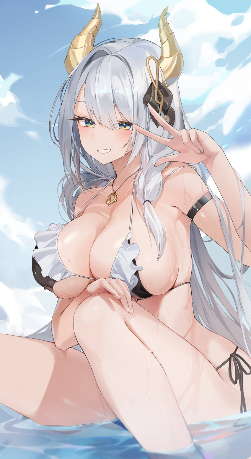 1girl absurdres arm_strap armpits bare_legs bare_shoulders bikini black_bikini blue_eyes bow braid breasts choyeon cleavage dragon_horns frilled_bikini frills grin hair_bow hair_ornament hair_over_shoulder halterneck hand_up highres horns iana_ignosis jewelry knees_up large_breasts long_hair looking_at_viewer necklace side-tie_bikini sitting skindentation smile solo strap_gap string_bikini swimsuit thighs v v-lup very_long_hair virtual_youtuber water wet white_hair