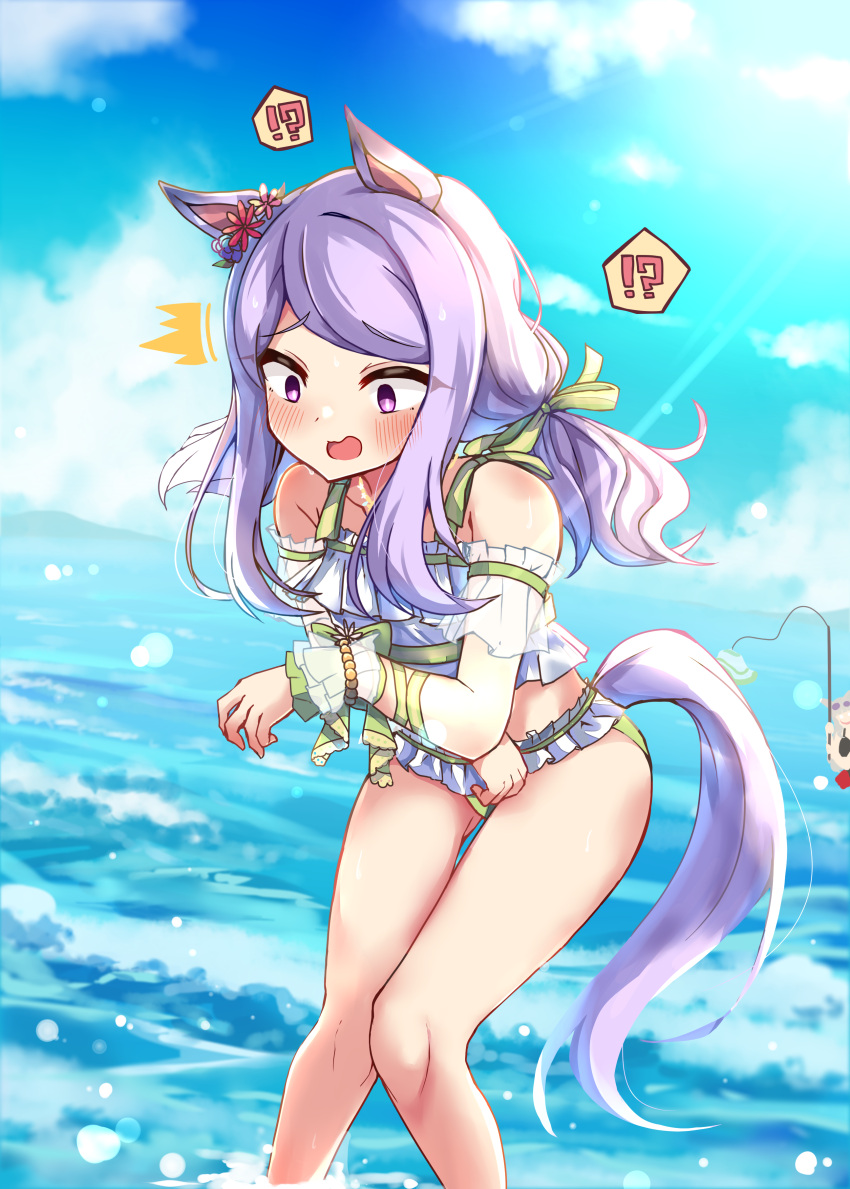 !? 2girls absurdres alternate_costume alternate_hairstyle animal_ears blush cloud commentary_request fishing_rod gold_ship_(run_revolt_launcher)_(umamusume) gold_ship_(umamusume) highres horse_ears horse_girl looking_at_viewer mejiro_mcqueen_(ripple_fairlady)_(umamusume) mejiro_mcqueen_(umamusume) multiple_girls ocean purple_eyes purple_hair sky solo soramuko swimsuit umamusume when_you_see_it