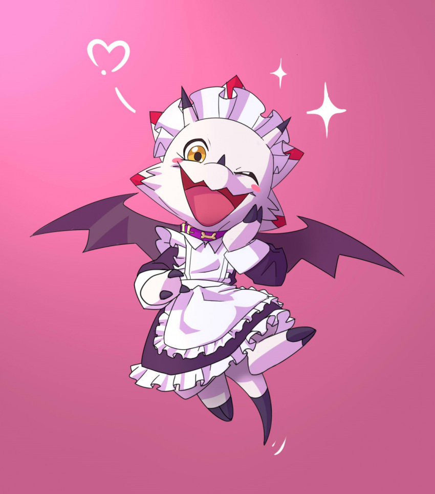 anthro apron bandai_namco black_claws blush claws clothed clothing crossdressing digimon digimon_(species) flying gammamon hi_res lewdango maid_headdress maid_uniform male one_eye_closed scalie solo uniform white_body wings wink yellow_eyes