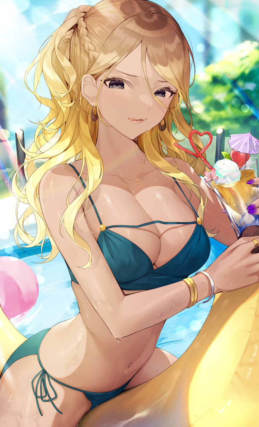 1girl :q absurdres banana_boat bikini blonde_hair blurry blurry_background breasts brown_hair cleavage gradient_hair green_bikini highres idolmaster idolmaster_shiny_colors izumi_mei koyo_akio large_breasts lens_flare light_rays looking_at_viewer multicolored_hair navel outdoors pool side-tie_bikini smile solo swimsuit tongue tongue_out