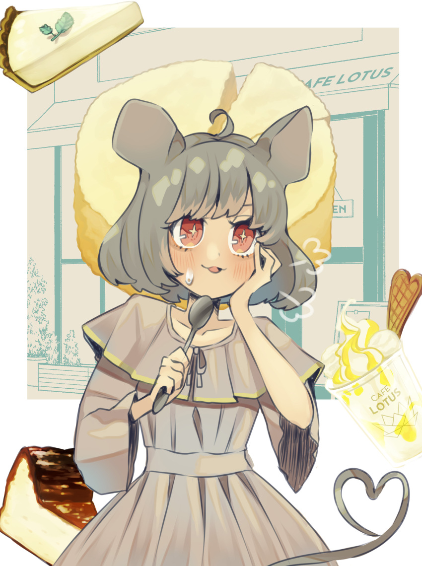 1girl ahoge alternate_costume animal_ears blush cake commission culotte_(hosenrock) dress food grey_dress grey_hair highres holding holding_spoon mouse_ears mouse_tail nazrin open_mouth red_eyes short_hair short_sleeves skeb_commission solo spoon tail touhou