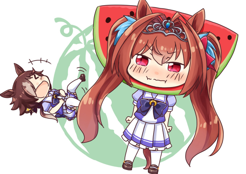 &gt;_&lt; +++ 2girls animal_ears bangs blush bow bowtie brown_footwear brown_hair check_commentary chibi closed_eyes closed_mouth commentary_request daiwa_scarlet_(umamusume) ear_ornament food frilled_skirt frills fruit fruit_costume full_body hair_between_eyes hair_intakes hair_over_one_eye hinata_yuu horse_ears horse_girl horse_tail horseshoe_ornament laughing long_hair low_ponytail lying miniskirt multicolored_hair multiple_girls on_back open_mouth pleated_skirt pout puffy_short_sleeves puffy_sleeves pun purple_bow purple_bowtie purple_shirt red_eyes sailor_collar sailor_shirt school_uniform serafuku shirt shoes short_sleeves sidelocks skirt smile standing summer_uniform tail thighhighs tiara tracen_school_uniform twintails two-tone_hair umamusume very_long_hair vodka_(umamusume) watermelon white_background white_skirt white_thighhighs