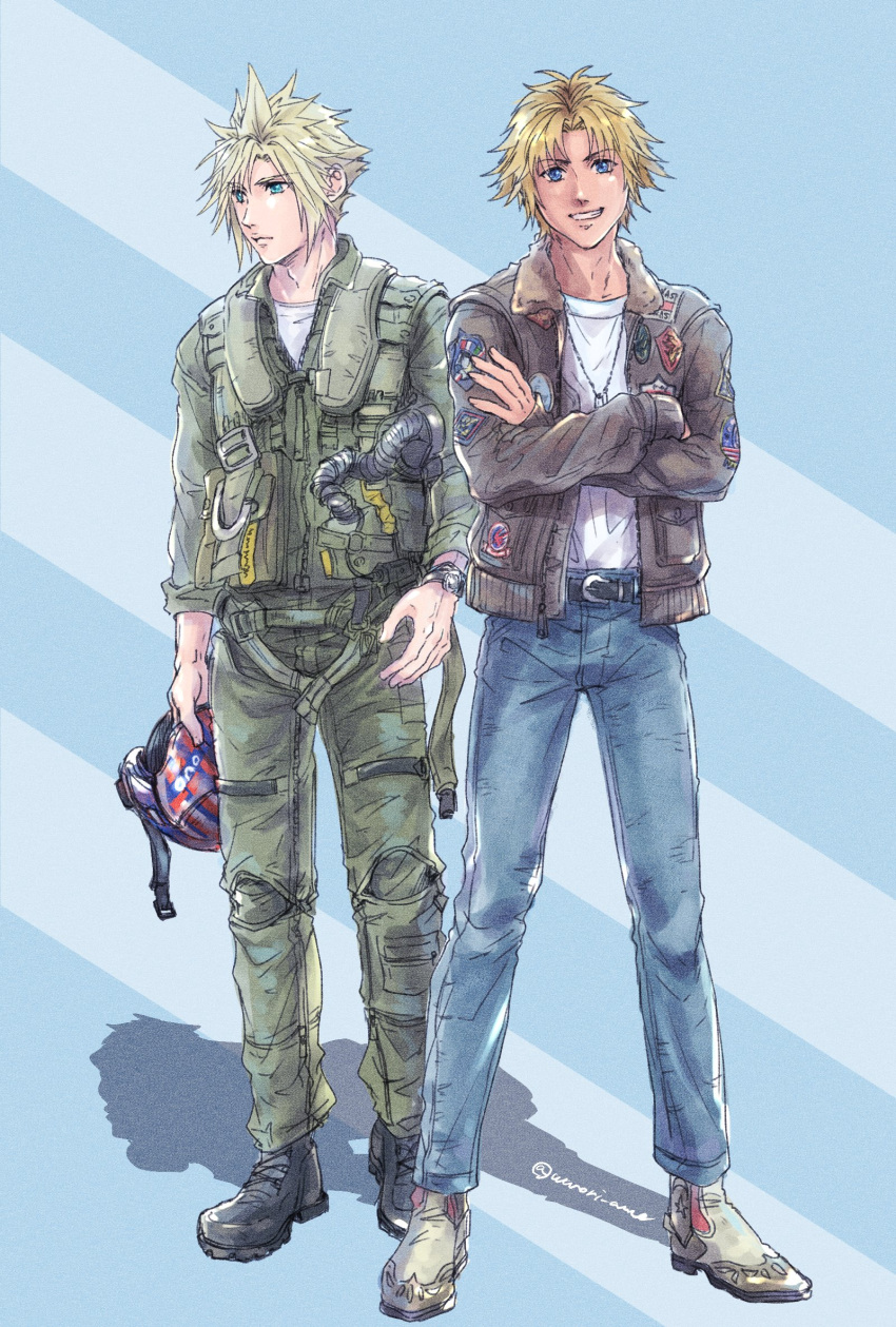 2boys alternate_costume bangs belt belt_buckle black_footwear blonde_hair blue_background blue_eyes blue_pants bomber_jacket boots buckle chain_necklace cloud_strife cowboy_boots crossed_arms crossover denim final_fantasy final_fantasy_vii final_fantasy_vii_remake final_fantasy_x full_body green_jacket green_jumpsuit green_pants grin helmet highres holding holding_helmet jacket jeans jewelry jumpsuit looking_at_viewer looking_to_the_side male_focus multiple_boys necklace pants parted_bangs pilot_suit shirt short_hair smile spiked_hair striped striped_background tidus top_gun:_maverick warori_anne white_shirt