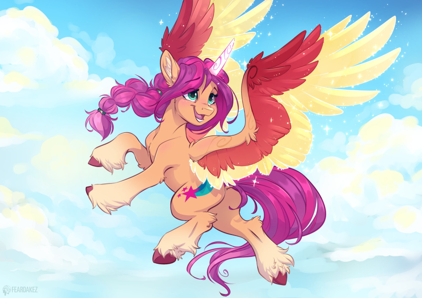 absurd_res braided_hair cutie_mark equid equine eyebrows feathered_wings feathers female feral fez_(artist) flying fur green_eyes hair hasbro hi_res hooves horn mammal mlp_g5 my_little_pony open_mouth open_smile orange_body orange_fur smile solo spread_wings sunny_starscout_(mlp) winged_unicorn wings