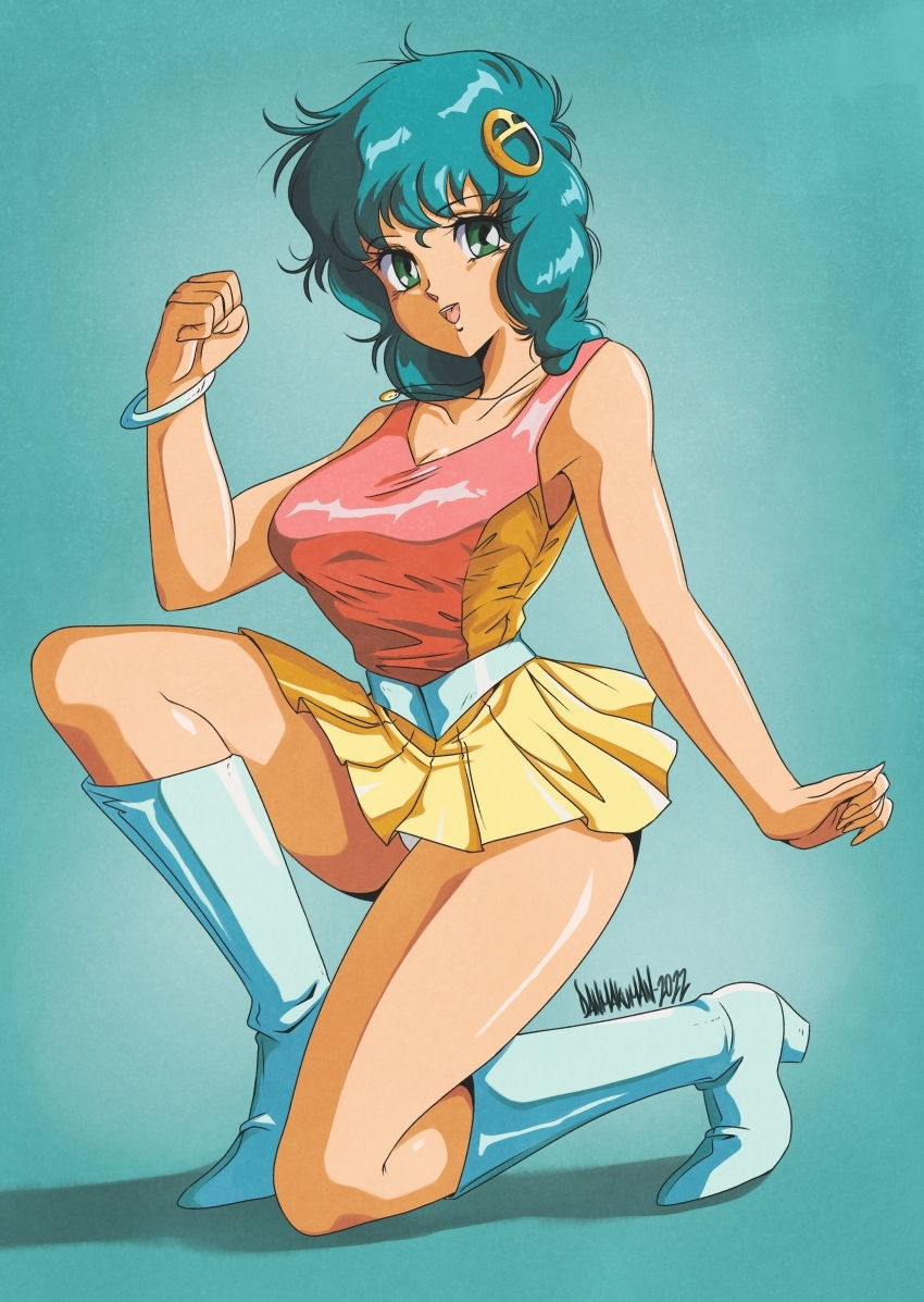 absurdres aqua_eyes boots bracelet breasts cleavage clenched_hand danmakuman full_body green_eyes hair_ornament highres iczer_(series) jewelry kanou_nagisa knee_boots large_breasts miniskirt necklace one_knee open_mouth panties pantyshot pendant pleated_skirt retro_artstyle skirt smile tatakae!!_iczer-1 underwear white_panties yellow_skirt