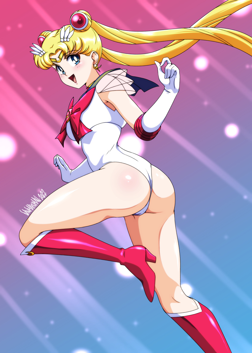 1girl 2022 absurdres ass bishoujo_senshi_sailor_moon blonde_hair blue_eyes boots bow circlet crescent crescent_earrings danmakuman double_bun earrings elbow_gloves gloves hair_bun high_heel_boots high_heels highres jewelry knee_boots leotard open_mouth sailor_moon see-through signature smile solo super_sailor_moon tsukino_usagi twintails white_gloves white_leotard