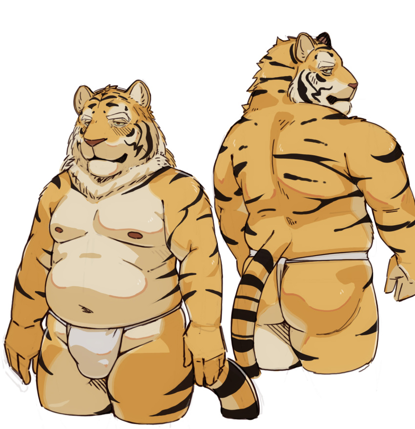 2022 anthro asian_clothing belly bulge butt clothing east_asian_clothing felid fundoshi hi_res humanoid_hands japanese_clothing kemono korosuke male mammal moobs navel nipples overweight overweight_male pantherine simple_background solo tiger underwear white_clothing white_fundoshi white_underwear