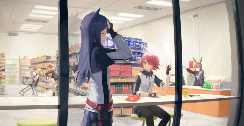 5girls absurdres amiya_(arknights) animal_ears arknights bar_stool black_hair black_jacket black_thighhighs blonde_hair blue_eyes brown_hair cashier chinese_commentary closed_eyes commentary_request convenience_store croissant_(arknights) cup disposable_cup drink exusiai_(arknights) facepalm halo hand_on_own_forehead highres holding holding_drink horns jacket long_hair long_sleeves multiple_girls open_clothes orange_hair pushing pushing_cart rabbit_ears red_eyes red_hair shadow shop shopping_cart short_hair sitting snack sora_(arknights) stool texas_(arknights) thighhighs wolf_ears yidie
