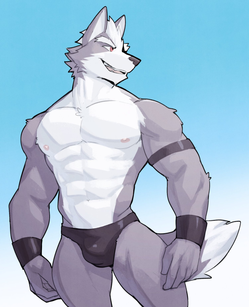 abs anthro canid canine canis clothing fur grey_body grey_fur hair hi_res jrjresq looking_away male mammal multicolored_body multicolored_fur muscular muscular_anthro muscular_male nintendo smile solo standing star_fox two_tone_body two_tone_fur underwear video_games white_body white_fur white_hair wolf wolf_o'donnell