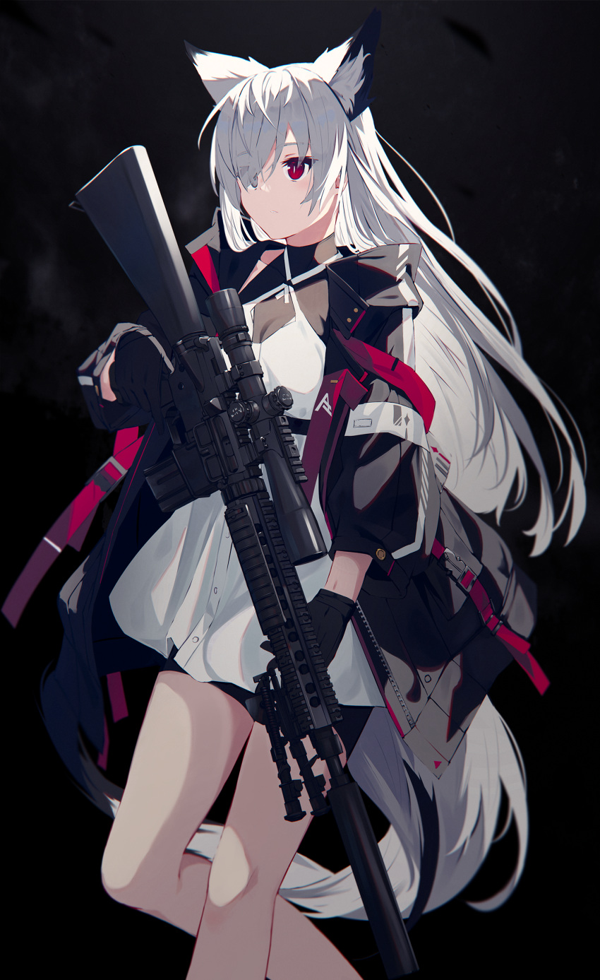 1girl absurdres animal_ear_fluff animal_ears ar-15 assault_rifle bangs bipod closed_mouth commentary_request dress extra_ears fox_ears fox_girl fox_tail gloves gun hair_between_eyes highres holding holding_gun holding_weapon hood hoodie long_hair long_hoodie nagishiro_mito open_clothes open_hoodie original red_eyes rifle scope short_shorts shorts sidelocks simple_background solo suppressor tail trigger_discipline weapon white_dress white_hair white_tail