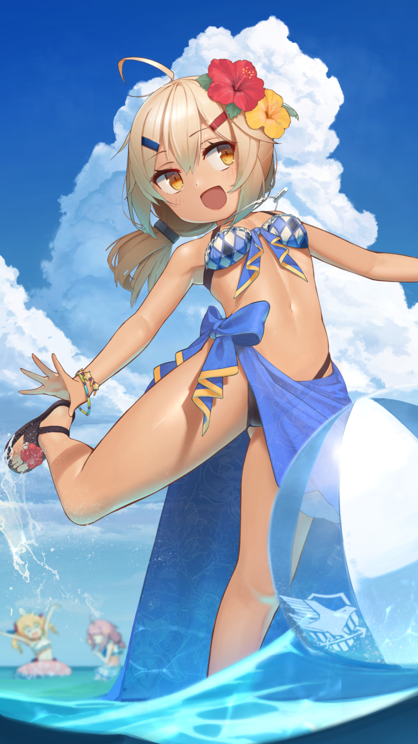 3girls ahoge alternate_costume azur_lane ball beachball bikini blonde_hair blue_sky blurry blurry_background bracelet breasts cloud commentary_request eagle_union_(emblem) flower gridley_(azur_lane) hair_flower hair_ornament hairclip highres in_water innertube jewelry maury_(azur_lane) medium_hair multiple_girls navel ocean open_mouth orchid outdoors pink_hair sandals saratoga_(azur_lane) sarong side_ponytail sky small_breasts smile splashing standing standing_on_one_leg stomach summer sunlight swimsuit tan water yellow_eyes yohia