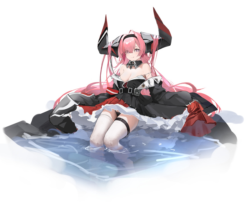 1girl absurdres azur_lane bare_shoulders black_sleeves blush breasts cleavage detached_collar detached_sleeves hair_over_one_eye highres horns huge_horns licking_lips long_hair long_horns mark_jin partially_submerged pink_hair prinz_rupprecht_(azur_lane) purple_eyes red_skirt simple_background sitting skirt sleeves_past_fingers sleeves_past_wrists solo thighs tongue tongue_out very_long_hair water white_background