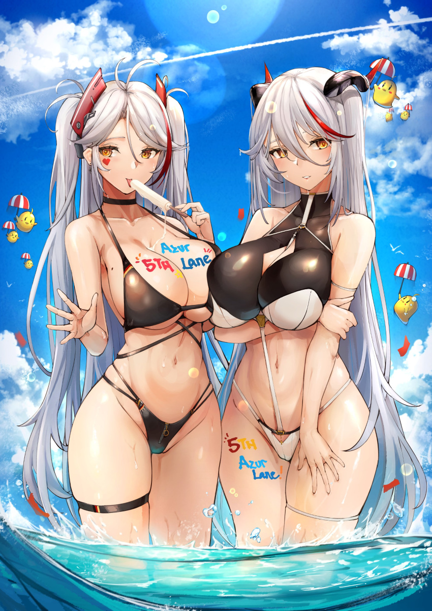 2girls absurdres aegir_(azur_lane) azur_lane bangs bare_shoulders bikini bird black_bikini blue_sky blush breasts chick cleavage collarbone food hair_ornament highleg highleg_bikini highres horns large_breasts long_hair looking_at_viewer manjuu_(azur_lane) multicolored_hair multiple_girls navel ocean popsicle prinz_eugen_(azur_lane) red_hair sky smile streaked_hair swimsuit thighs two_side_up very_long_hair wading wet white_hair yusha_m