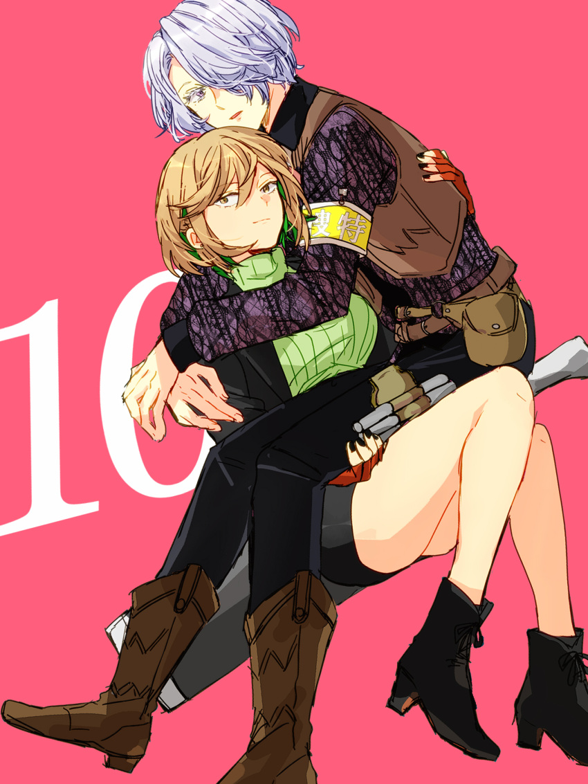 1boy 1girl belt_pouch black_footwear black_nails black_skirt boots brown_footwear brown_vest cowboy_boots grey_hair hair_over_one_eye highres hinata_(ryohinata) hinata_haruka_(kemono_jihen) hito_barahiko hug kemono_jihen light_brown_hair pink_background pouch purple_eyes ribbed_sweater simple_background sitting sitting_on_lap sitting_on_person skirt sweater unmoving_pattern vest