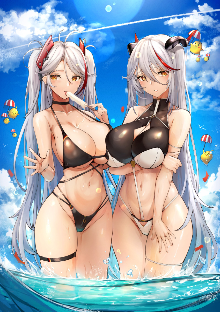 2girls absurdres aegir_(azur_lane) azur_lane bangs bare_shoulders bikini bird black_bikini blue_sky blush breasts chick cleavage collarbone food hair_ornament highleg highleg_bikini highres horns large_breasts long_hair looking_at_viewer manjuu_(azur_lane) multicolored_hair multiple_girls navel ocean popsicle prinz_eugen_(azur_lane) red_hair sky smile streaked_hair swimsuit thighs two_side_up very_long_hair wading wet white_hair yusha_m