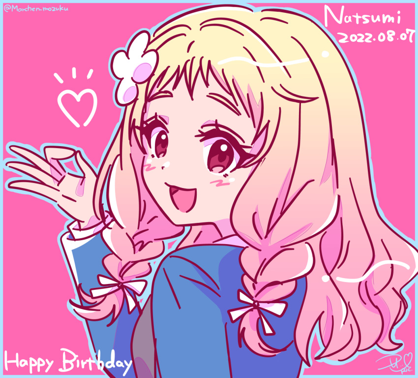 1girl bangs birthday blonde_hair blush breasts character_name commentary_request dated english_text flower from_behind hair_flower hair_ornament happy_birthday highres long_hair looking_at_viewer love_live! love_live!_superstar!! medium_breasts ok_sign onitsuka_natsumi pink_background ric_(fwpbox) school_uniform signature smile twitter_username upper_body yuigaoka_school_uniform