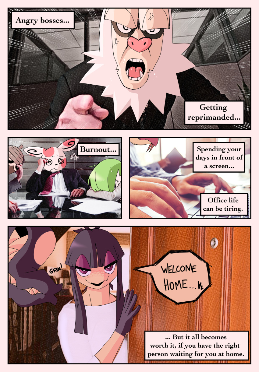 absurd_res anthro bangs black_hair comic dialogue female gardevoir hair hi_res male mawile narration nintendo pok&eacute;mon pok&eacute;mon_(species) ponporio_(artist) purple_eyes seedot seviper slaking spinda video_games wife