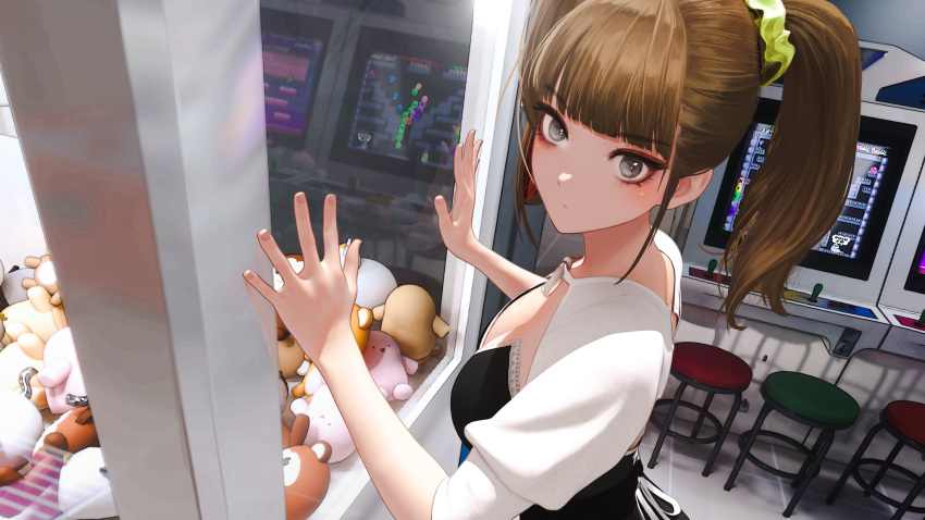 1girl absurdres arcade arcade_cabinet bangs black_dress blunt_bangs breasts brown_eyes brown_hair checkered_floor cleavage closed_mouth commentary crane_game dress dutch_angle eyelashes eyeshadow fingernails from_above hand_on_glass highres indoors jungon_kim looking_at_viewer makeup medium_breasts medium_hair original scrunchie short_sleeves sidelocks solo stool stuffed_animal stuffed_toy twintails video_game white_sleeves yellow_scrunchie