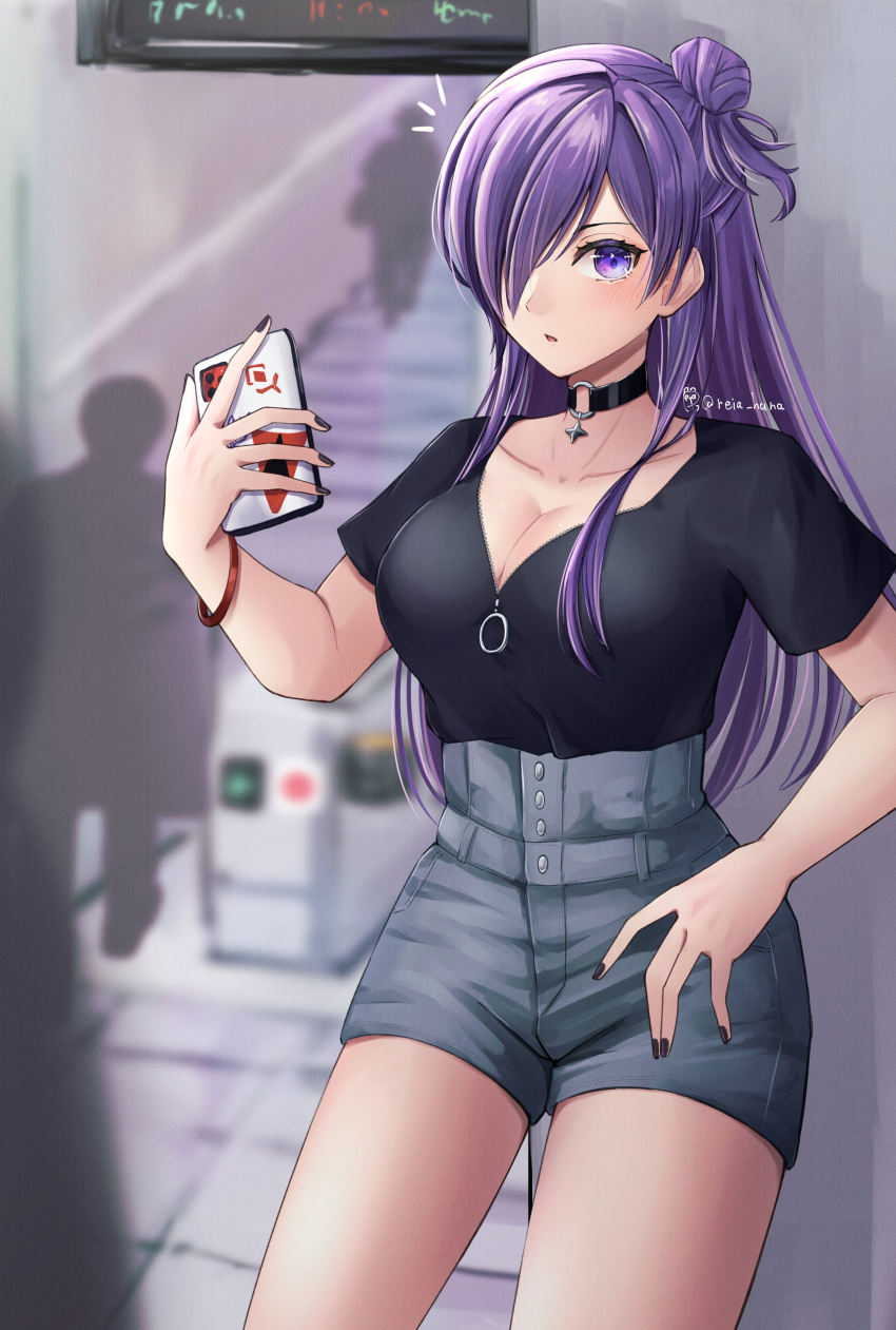 1girl absurdres bangs blush breasts cellphone choker cleavage fire_emblem fire_emblem:_three_houses fire_emblem_warriors:_three_hopes hair_bun hair_over_one_eye highres large_breasts long_hair looking_at_viewer phone purple_eyes purple_hair reia_hana shez_(fire_emblem) shez_(fire_emblem)_(female) shorts single_hair_bun solo