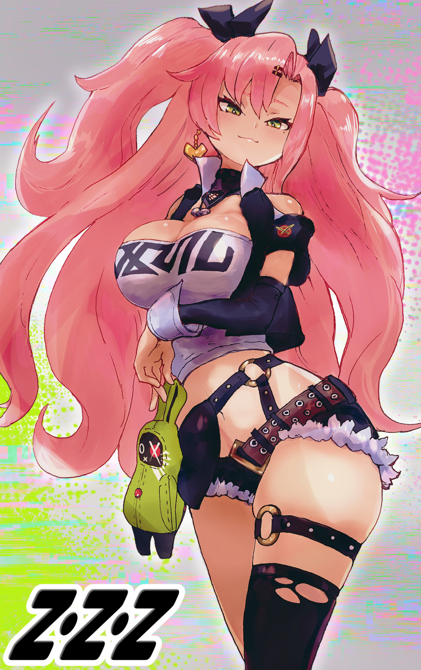 1girl absurdres bangs bare_shoulders black_jacket black_ribbon black_shorts black_thighhighs breasts cleavage commentary_request cowboy_shot cropped_jacket cutoffs earrings hair_between_eyes hair_ribbon heart heart_earrings highres inuyou jacket jewelry large_breasts long_hair long_sleeves looking_at_viewer micro_shorts midriff navel nicole_demara open_clothes open_jacket pink_hair ribbon shorts single_thighhigh smile solo standing stomach strapless thigh_strap thighhighs tube_top two_side_up very_long_hair yellow_eyes zenless_zone_zero
