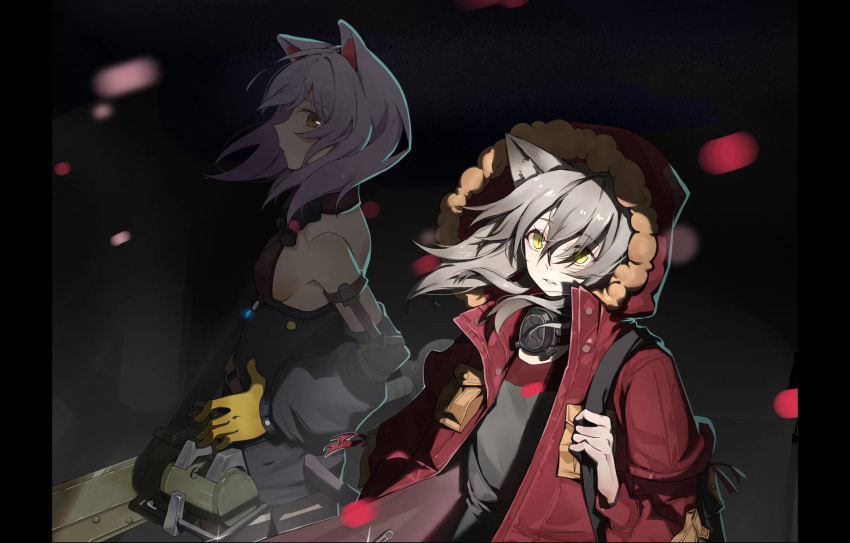 2girls animal_ears arknights bangs clothing_cutout coat fur-trimmed_coat fur_trim gloves highres kiscript multiple_girls parka projekt_red_(arknights) red_coat scavenger_(arknights) shadow shoulder_cutout white_hair winter_clothes wolf_ears wolf_girl yellow_eyes
