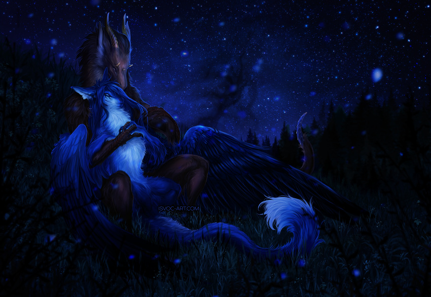 2022 detailed_background digital_media_(artwork) dragon duo feathered_dragon feathered_wings feathers female feral fur furred_dragon grass hi_res horn isvoc male night outside plant sitting sky star starry_sky wings