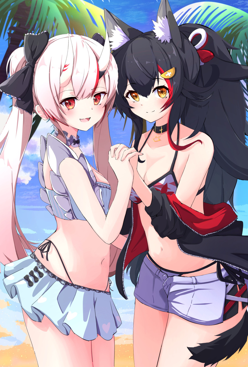 2girls absurdres animal_ear_fluff animal_ears armpits bangs bare_shoulders belt_collar bikini bikini_under_clothes black_choker black_hair black_jacket black_ribbon blue_sky blush breasts choker cleavage closed_mouth collar crossed_bangs day drawstring front-tie_top fumi_(fumibeing) groin hair_ornament halter_top halterneck highres hololive horns jacket leaf_print long_hair long_sleeves looking_at_viewer multicolored_hair multiple_girls nakiri_ayame navel off_shoulder oni_horns ookami_mio open_mouth orange_eyes outdoors palm_tree panties ponytail red_hair ribbon short_shorts shorts side-tie_bikini side-tie_panties skirt sky small_breasts solo standing stomach strap_gap streaked_hair string_bikini swimsuit tail tail_around_leg tree underwear very_long_hair virtual_youtuber wading water wet white_bikini white_shorts wolf_ears wolf_girl wolf_tail