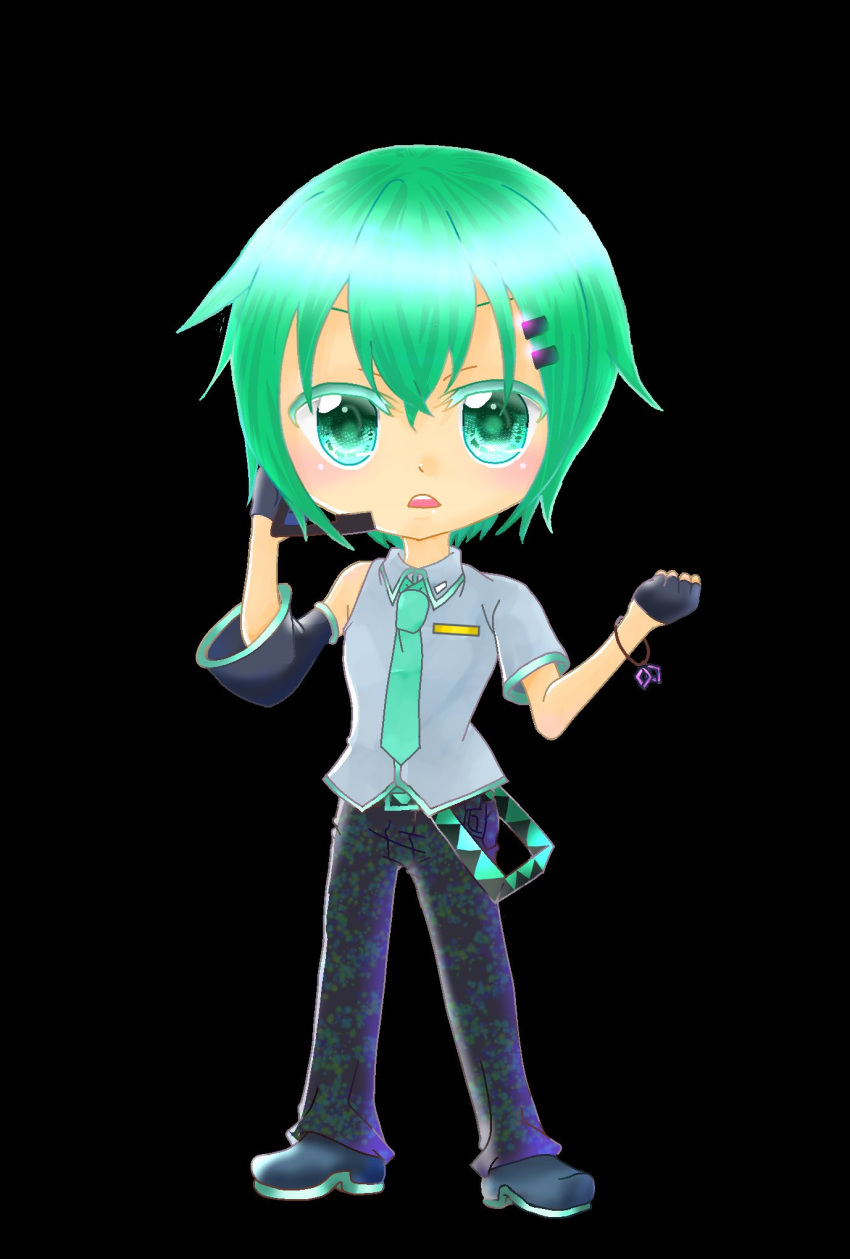 1boy aqua_eyes aqua_hair asymmetrical_clothes black_background black_gloves chibi detached_sleeves full_body genderswap genderswap_(ftm) gloves hair_ornament hairclip half_gloves hatsune_mikuo headphones headset highres male_focus necktie pants rakushi_rein short_hair short_sleeves solo vocaloid