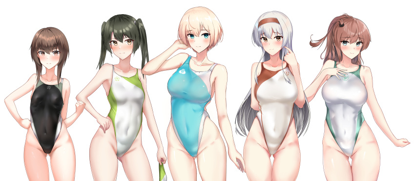 5girls absurdres black_swimsuit blonde_hair blue_eyes blue_swimsuit bow breasts brown_hair competition_swimsuit green_hair green_swimsuit hachimaki hair_bow hair_ribbon headband highleg highres kantai_collection large_breasts long_hair multiple_girls navel one-piece_swimsuit red_swimsuit ribbon saratoga_(kancolle) short_hair shoukaku_(kancolle) side_ponytail silver_swimsuit sing152 small_breasts swimsuit taihou_(kancolle) twintails victorious_(kancolle) yellow_eyes zuikaku_(kancolle)