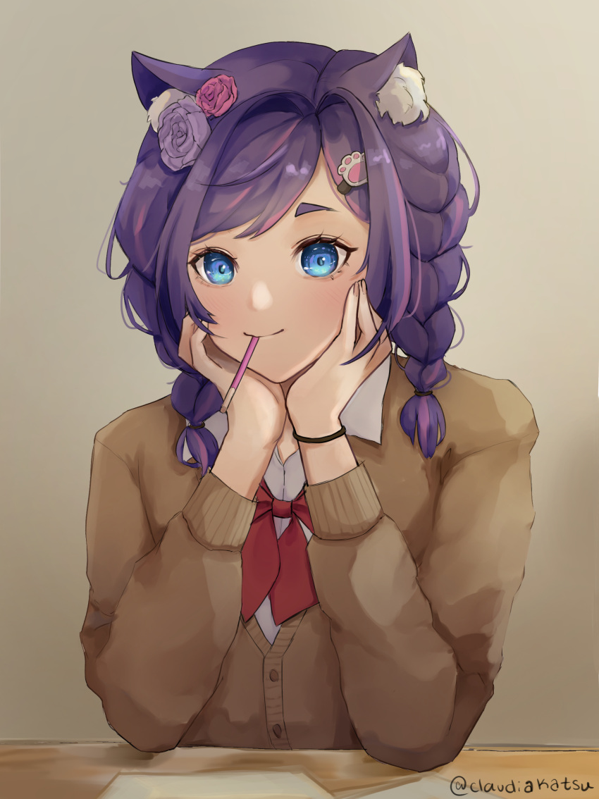 1girl absurdres animal_ears arms_up blue_eyes bow braid cardigan cat_ears cat_girl claudia_katsumoto claudia_katsumoto_(artist) collared_shirt desk eating flower food french_braid hair_flower hair_ornament hairclip head_rest highres paper paw_hair_ornament pocky purple_hair school_uniform scrunchie shirt solo strawberry_pocky thick_eyebrows tomopulse virtual_youtuber