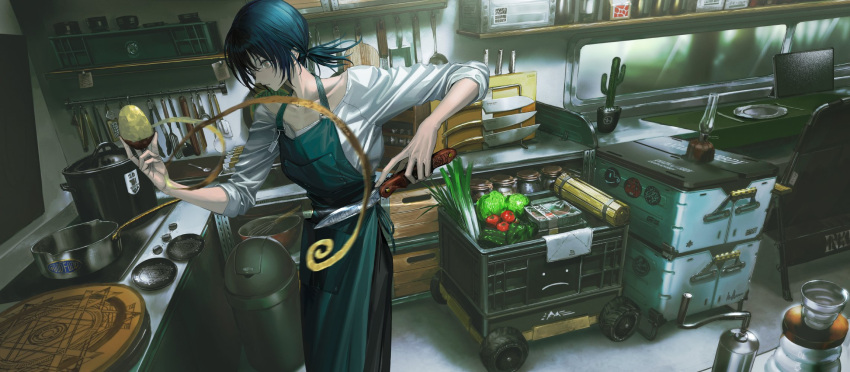1girl apron bangs black_pants blue_hair bowl cactus cart chair character_request check_character check_copyright collarbone commentary constricted_pupils container cooking_pot cooler copyright_request day dutch_angle eye_trail feet_out_of_frame food from_side green_apron green_eyes green_pepper highres holding holding_food holding_knife indoors infukun jar kitchen kitchen_knife knife lettuce looking_ahead low_ponytail original pants peeling pepper plate potato ringed_eyes scenery shelf shirt short_hair short_ponytail solo spoon spring_onion standing stove symbol-only_commentary tomato trash_can whisk white_shirt wide-eyed window