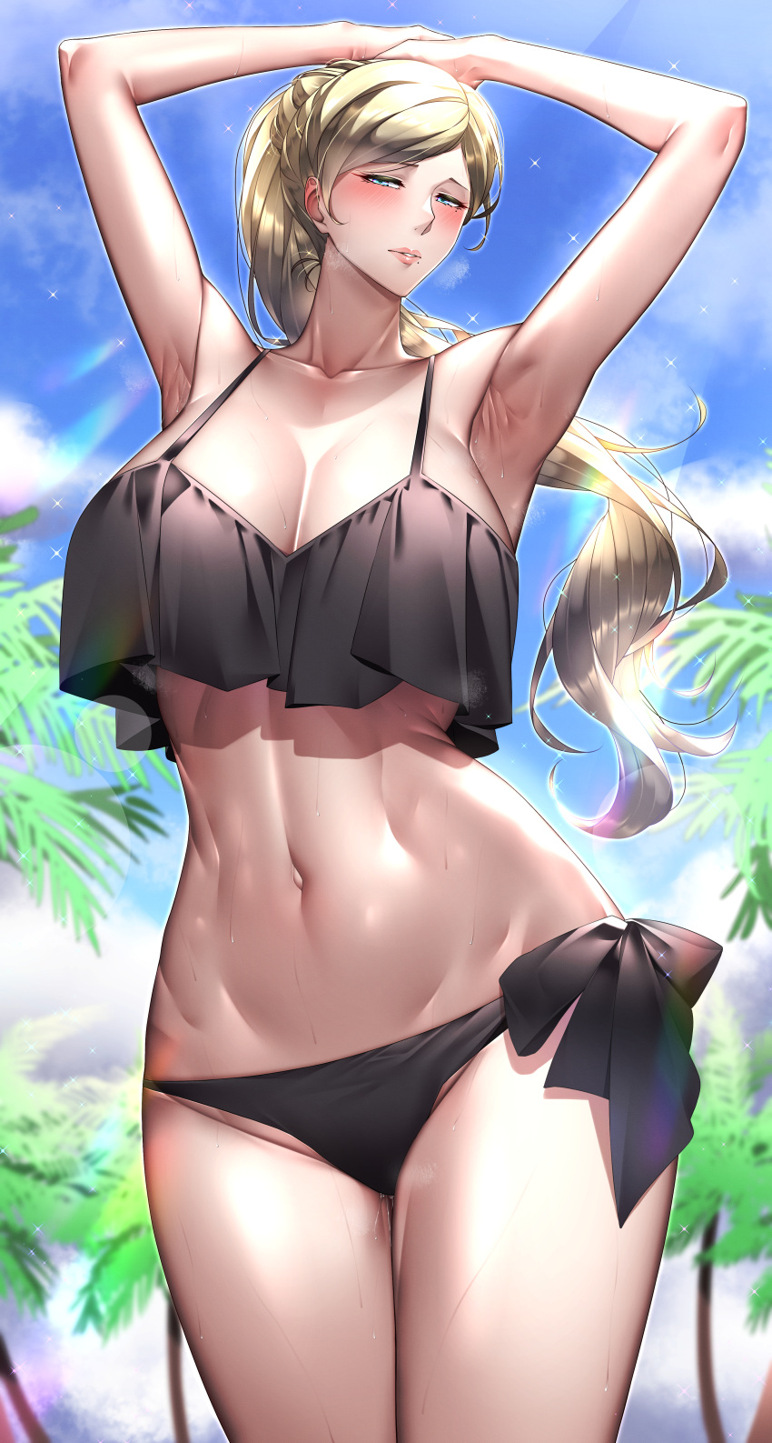 1girl abs absurdres armpits bikini black_bikini blonde_hair blue_eyes breasts cleavage collarbone day highres kantai_collection large_breasts looking_at_viewer navel obei_teitoku official_alternate_costume ponytail richelieu_(kancolle) side-tie_bikini solo swimsuit toned