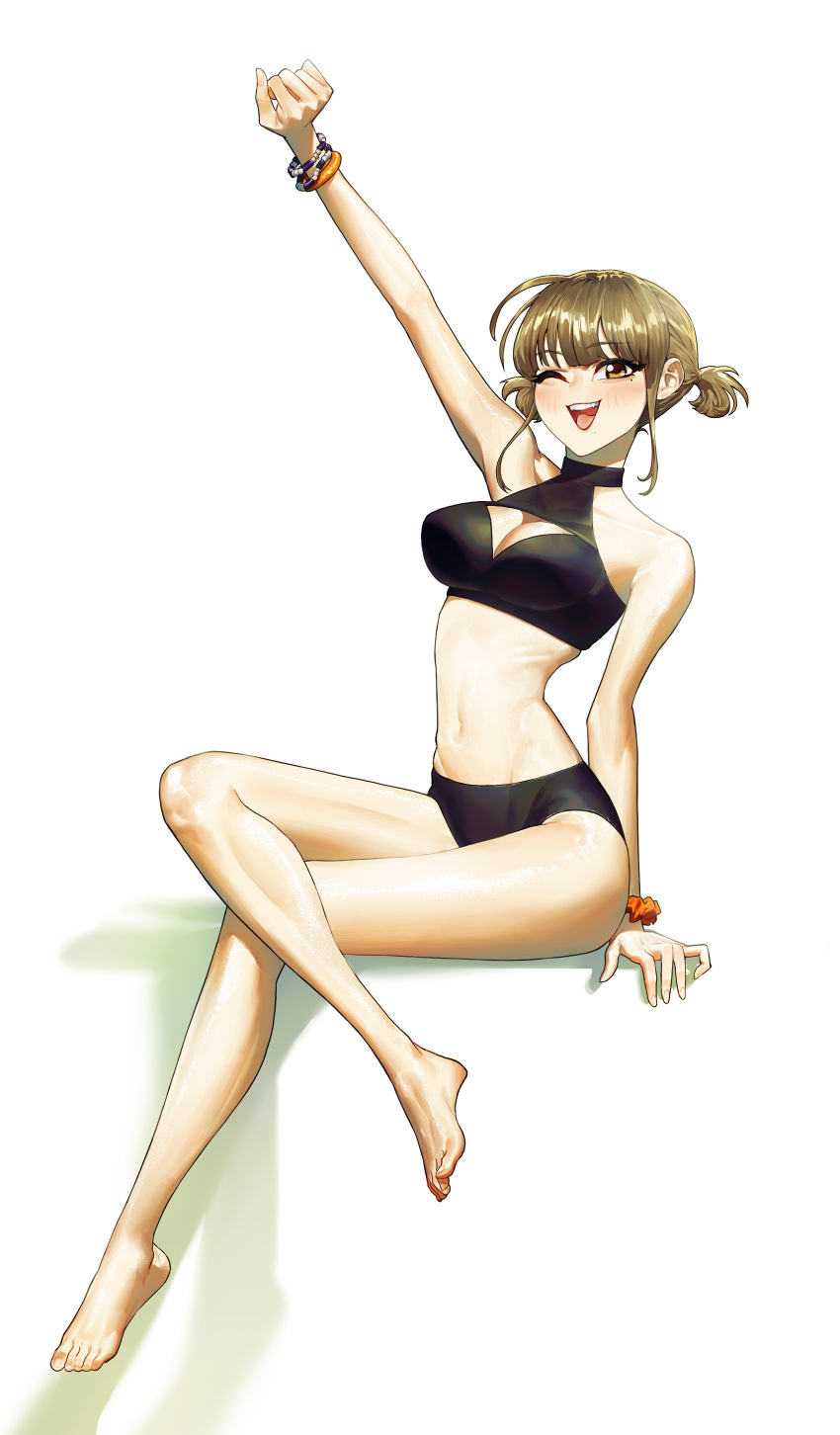 1girl ;d absurdres arm_up bikini blonde_hair blush bracelet breasts cleavage cleavage_cutout clothing_cutout full_body ghdwid highres invisible_chair jewelry mole mole_under_eye navel one_eye_closed open_mouth original short_hair short_twintails simple_background sitting smile solo swimsuit twintails white_background