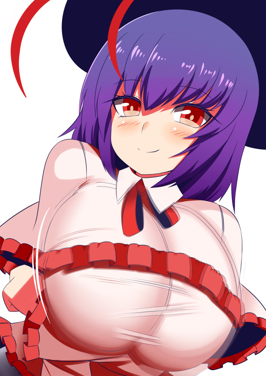 1girl alternate_breast_size black_headwear bow breasts capelet frilled_capelet frilled_sleeves frills hat hat_bow hat_ribbon highres large_breasts long_sleeves nagae_iku purple_hair red_eyes ribbon short_hair simple_background smile solo touhou white_background xialu_zajin