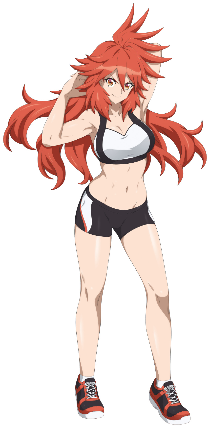 1girl abs absurdres amou_kanade breasts chuunioniika exercise full_body highres large_breasts long_hair midriff red_eyes red_hair senki_zesshou_symphogear simple_background sports_bra sportswear