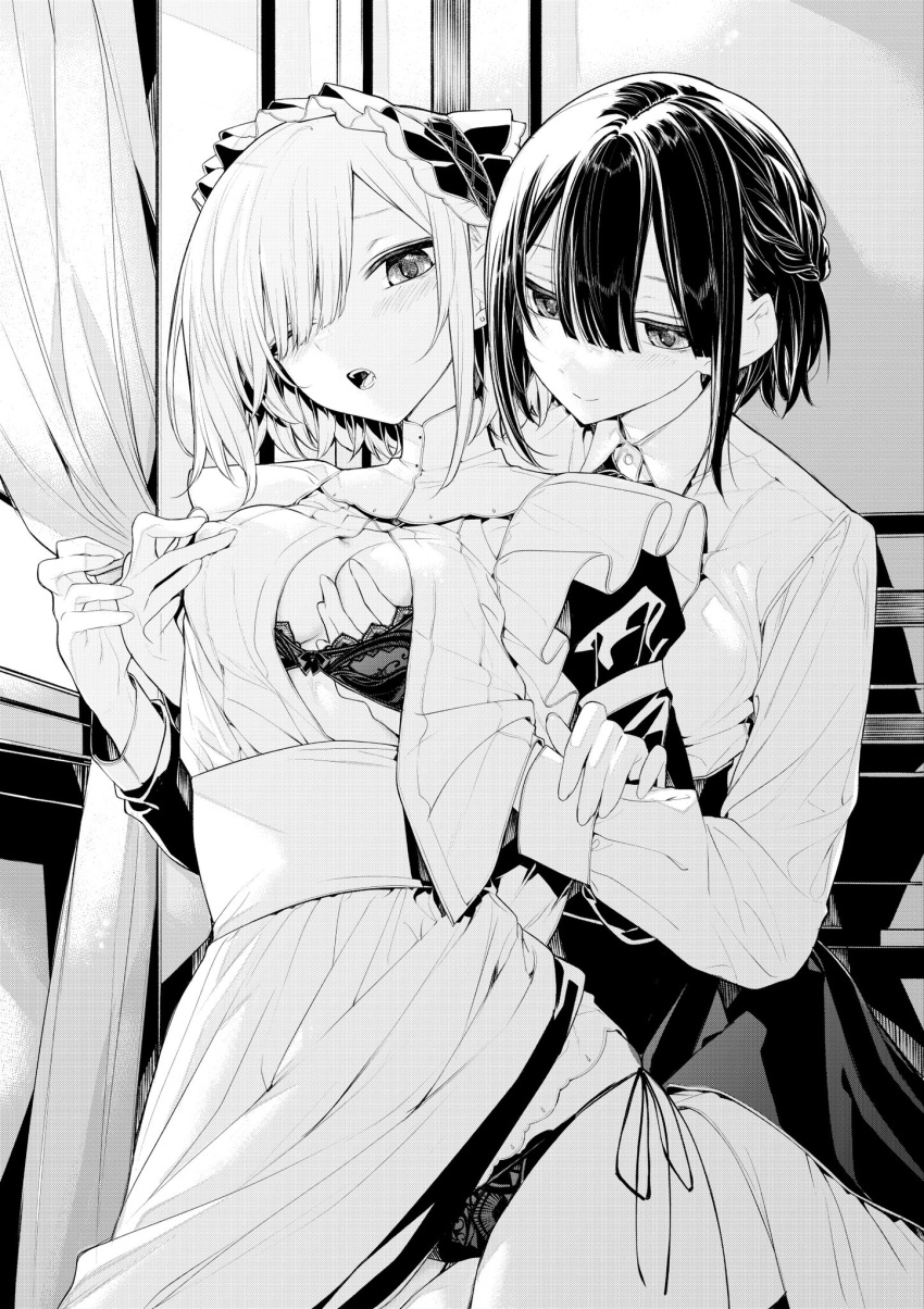 2girls behind_another blush breast_grab breasts closed_mouth commentary_request grabbing greyscale groping hair_over_one_eye hand_under_clothes highres indoors monochrome multiple_girls nipple_tweak one_eye_closed original teeth yuri zanka_(the-only-neat)