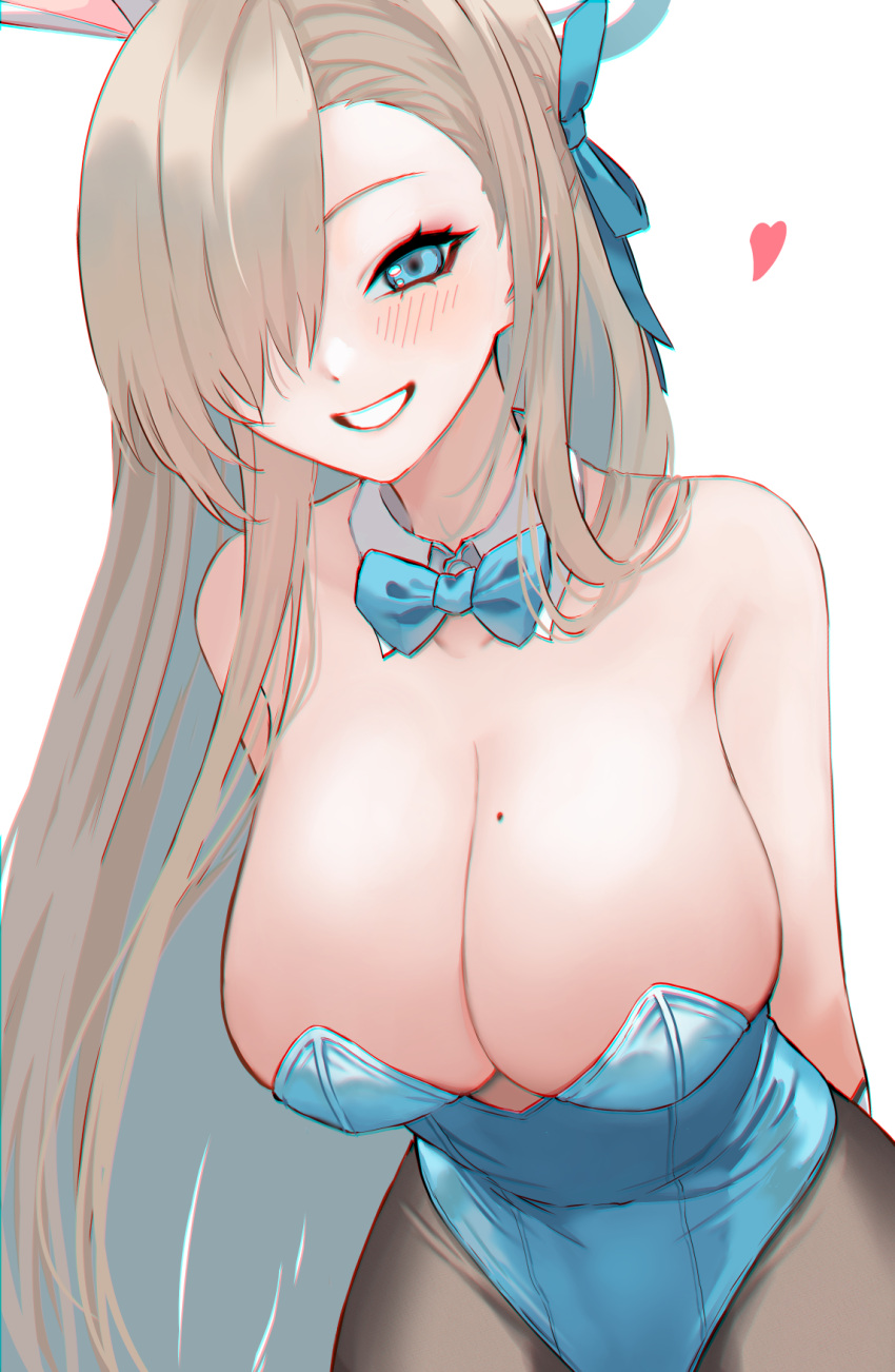 1girl arms_behind_back asuna_(blue_archive) asuna_(bunny)_(blue_archive) bangs black_pantyhose blue_archive blue_bow blue_bowtie blue_eyes blue_leotard blue_ribbon blush bow bowtie breasts cleavage detached_collar grin hair_over_one_eye hair_ribbon heart highres large_breasts leotard light_brown_hair long_hair looking_at_viewer pantyhose playboy_bunny ribbon saco_(cgmore) simple_background smile solo strapless strapless_leotard upper_body very_long_hair white_background