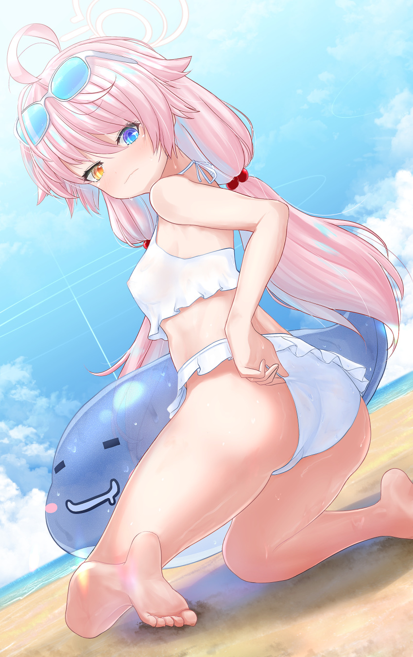 1girl absurdres adjusting_clothes adjusting_swimsuit ahoge ass bangs bare_shoulders beach bikini bikini_pull bikini_tug blue-tinted_eyewear blue_archive blue_eyes blue_sky blush clothes_pull cloud cloudy_sky crotch_seam day dutch_angle embarrassed eyewear_on_head feet_out_of_frame frilled_bikini frills from_behind full-face_blush hair_bobbles hair_ornament halo heterochromia highres hoshino_(blue_archive) hoshino_(swimsuit)_(blue_archive) inflatable_toy inflatable_whale kneeling light_rays long_hair looking_back low_twintails ocean p_ion pink_hair sand sky solo sunbeam sunglasses sunlight swimsuit swimsuit_tug tinted_eyewear twintails wedgie wet wet_clothes white-framed_eyewear white_bikini yellow_eyes