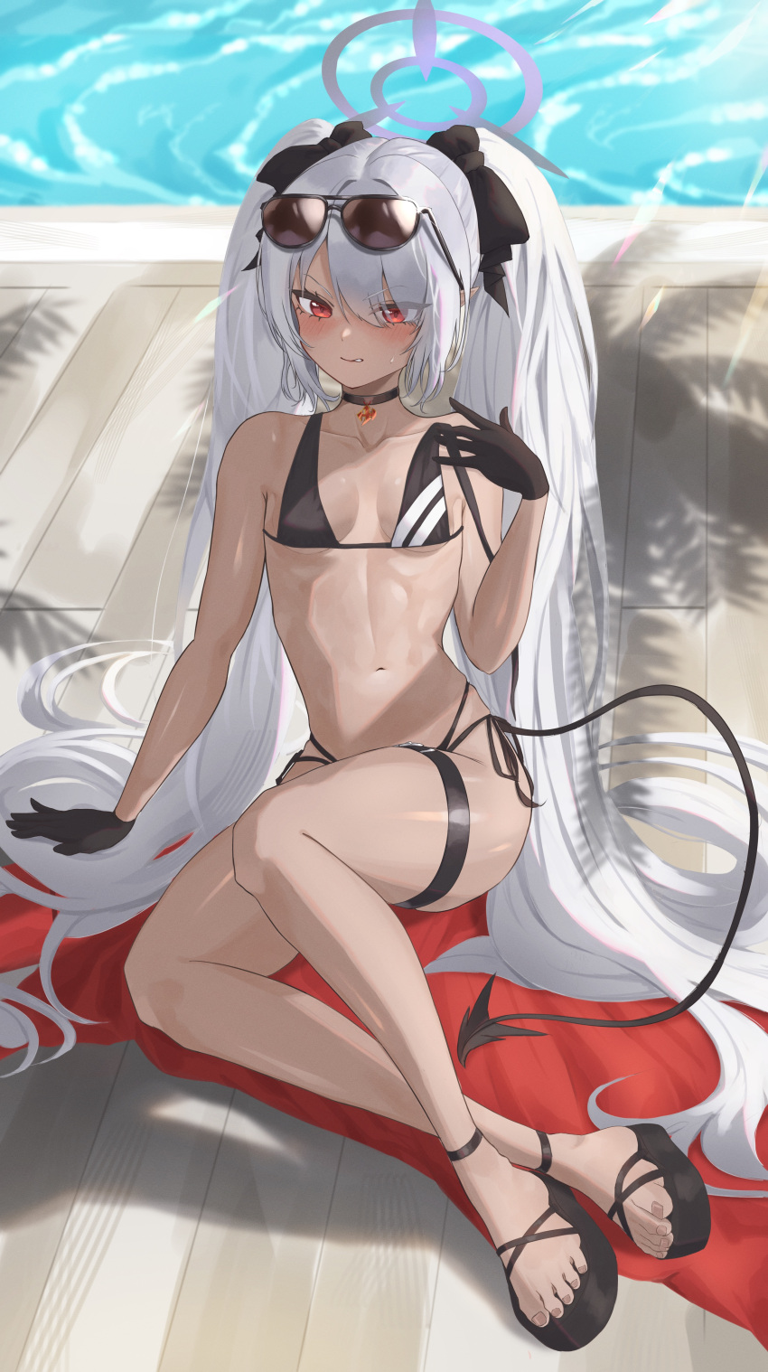 1girl absurdres bangs bikini black_bikini black_gloves blue_archive blush breasts dark-skinned_female dark_skin gloves grey_hair hair_over_one_eye hair_ribbon halo highres iori_(blue_archive) iori_(swimsuit)_(blue_archive) kingudejii long_hair looking_at_viewer pointy_ears red_eyes ribbon small_breasts solo sunglasses swimsuit tail tan twintails very_long_hair
