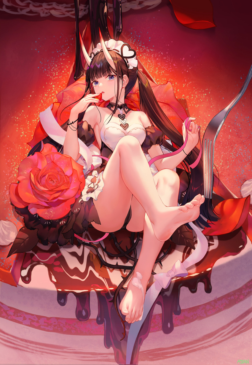 1girl absurdres apron atdan azur_lane bangs bare_legs bare_shoulders barefoot black_dress black_hair blunt_bangs breasts cake cream_on_body detached_sleeves dress feet flower food fork fruit full_body highres holding holding_food holding_fruit holding_ribbon horns long_hair looking_at_viewer maid_headdress medium_breasts noshiro_(azur_lane) noshiro_(hold_the_ice)_(azur_lane) official_alternate_costume oni_horns pink_ribbon puffy_short_sleeves puffy_sleeves purple_eyes red_flower red_rose ribbon rose short_sleeves sitting soles solo strawberry thorns toes twintails very_long_hair white_apron