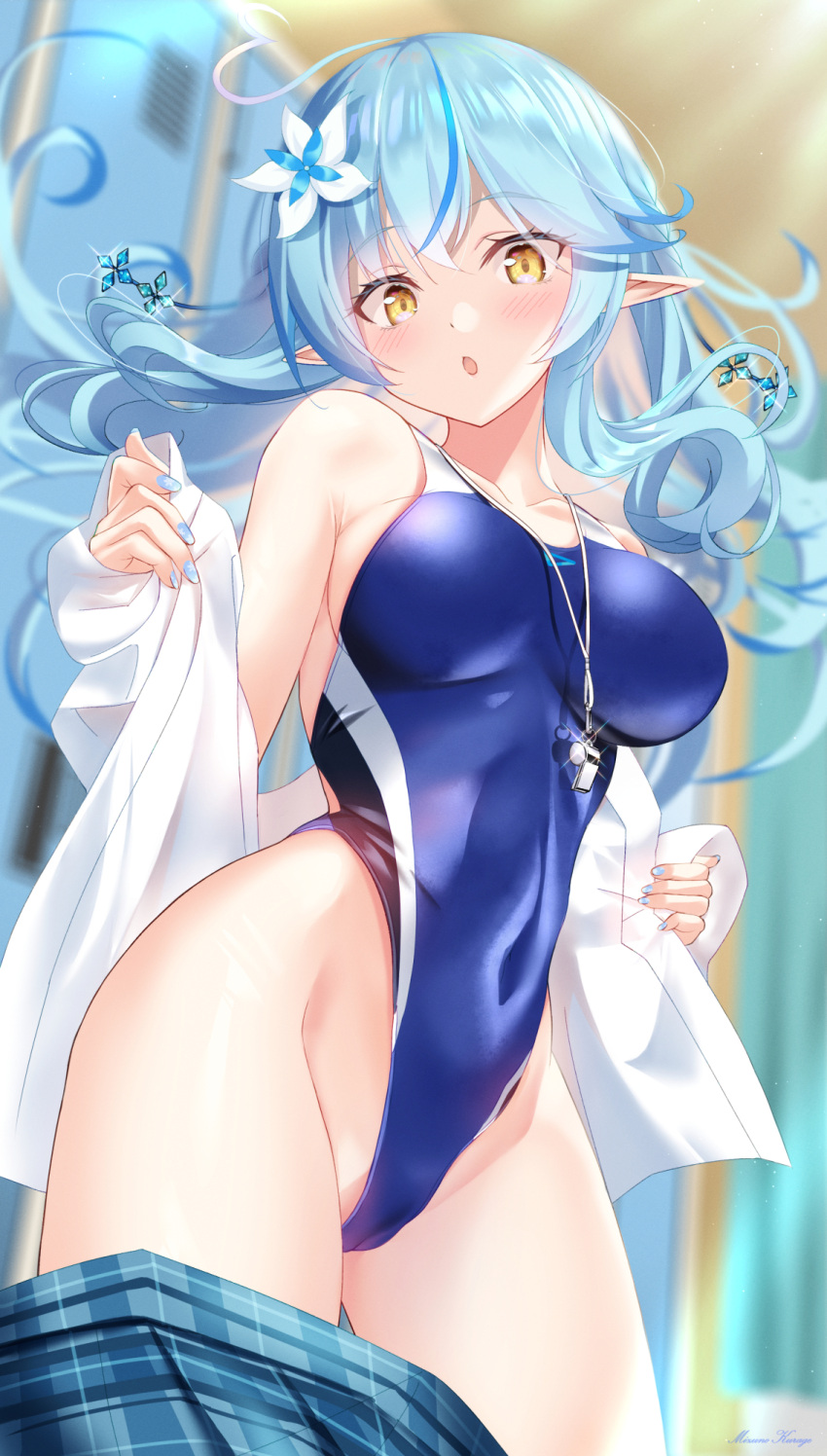 1girl :o ahoge bangs blue_hair blue_nails blush breasts cameltoe cleavage colored_tips competition_swimsuit covered_navel elf flower hair_between_eyes hair_flower hair_ornament heart heart_ahoge highleg highleg_swimsuit highres hololive large_breasts long_hair long_sleeves looking_at_viewer mizuno_kurage multicolored_hair one-piece_swimsuit pointy_ears sideboob skirt skirt_removed solo swimsuit virtual_youtuber whistle whistle_around_neck yellow_eyes yukihana_lamy