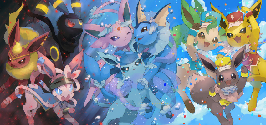 ascot bow cape clothed_pokemon confetti eevee embers espeon evolutionary_line fangs fins flareon frilled_cuffs glaceon hair_bow hat highres jolteon kikuyoshi_(tracco) leafeon mask open_mouth pokemon pokemon_(creature) shako_cap shawl smile sylveon tail tail_fin umbreon vaporeon visor_(armor) water_drop wrist_cuffs