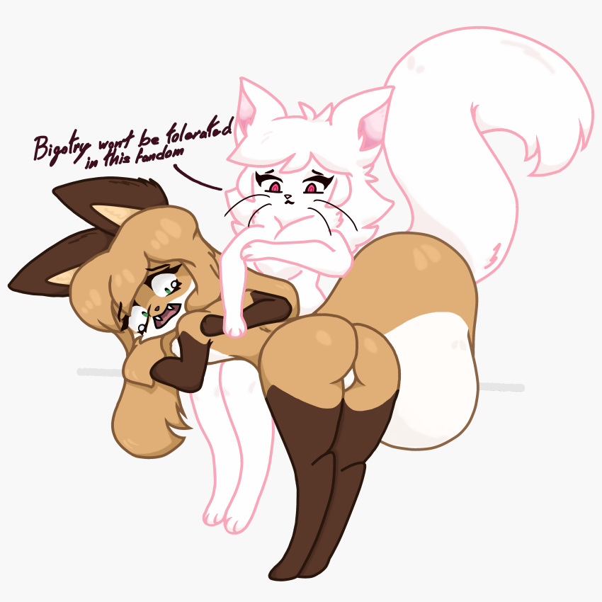 absurd_res anthro averi_(fiddleafox) bodily_fluids butt canid canine crying domestic_cat duo felid feline felis female female/female fox hi_res lampy_(artist) mammal pinned_arm punishment senty spanking struggling tears