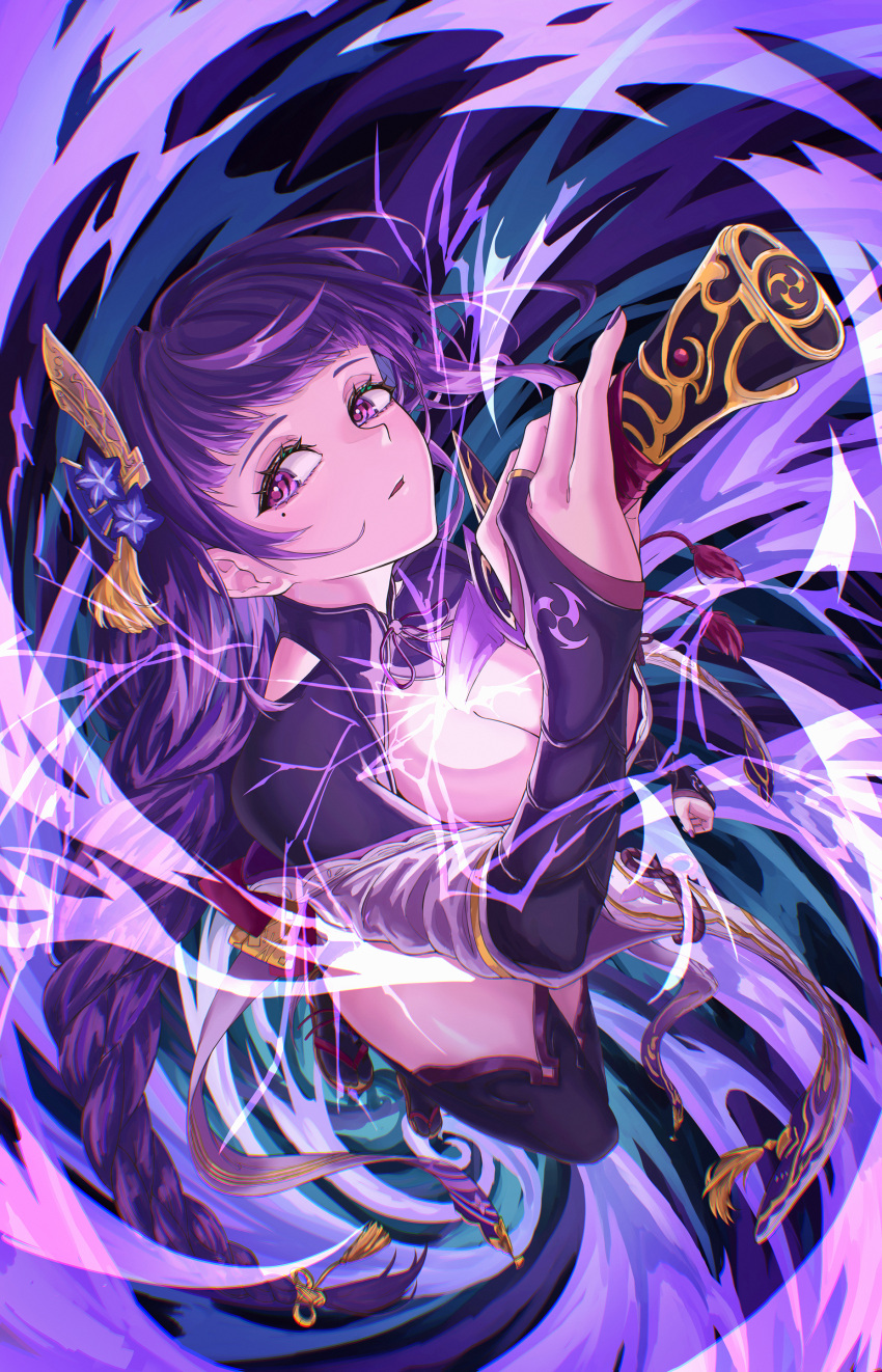 1girl abstract_background absurdres arm_at_side armor braid braided_ponytail breasts bridal_gauntlets choker cleavage commentary_request drawing_sword electricity fingernails flower foreshortening from_above full_body genshin_impact gold_trim hair_flower hair_ornament highres holding holding_sword holding_weapon human_scabbard japanese_clothes kimono lightning long_hair looking_at_viewer looking_up medium_breasts mitsudomoe_(shape) mole mole_under_eye musou_isshin_(genshin_impact) obi okobo parted_lips pavo543 print_kimono purple_background purple_eyes purple_flower purple_hair purple_kimono purple_nails purple_thighhighs raiden_shogun red_ribbon ribbon ribbon_choker sash shoulder_armor shrug_(clothing) solo sword tassel thighhighs tied_sleeves tomoe_(symbol) very_long_hair weapon