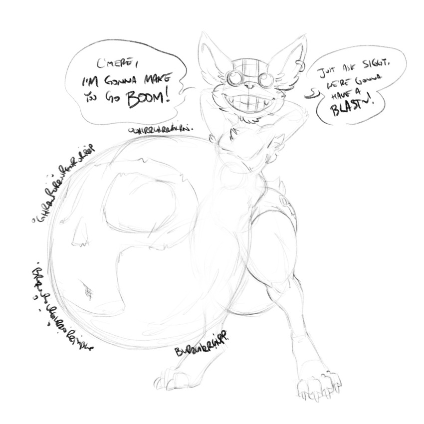 abdominal_bulge anthro belly big_belly bulge dialogue hi_res league_of_legends male min min_(artist) riot_games rumbling_stomach same_size_vore smile text video_games vore yordle ziggs_(lol)