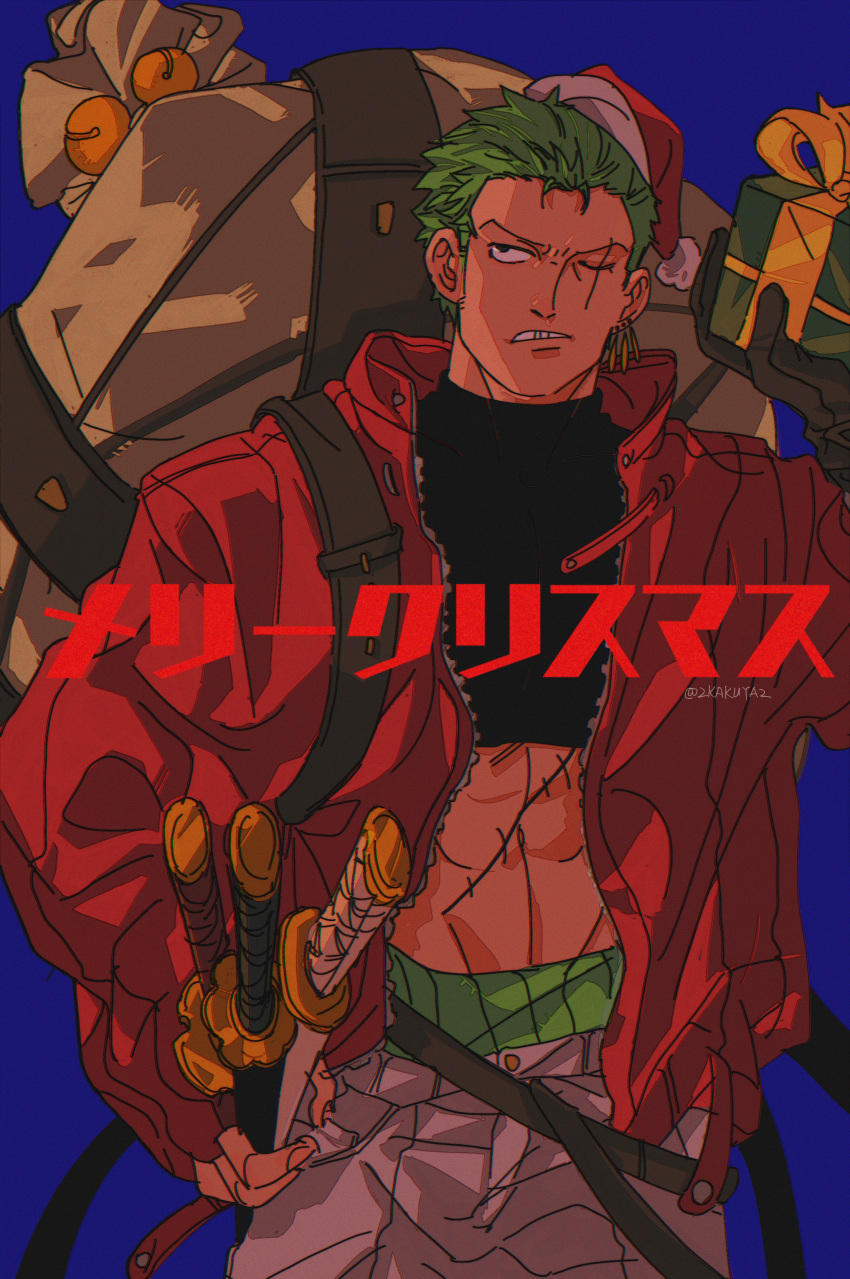 1boy abs absurdres backpack bag black_tank_top blue_background clenched_teeth eeju gift gift_bag green_hair haramaki hat highres holding holding_gift jacket muscular muscular_male one_eye_closed one_piece open_clothes open_jacket pants red_jacket roronoa_zoro santa_hat scar scar_across_eye sheath sheathed short_hair solo tank_top teeth text_focus white_pants