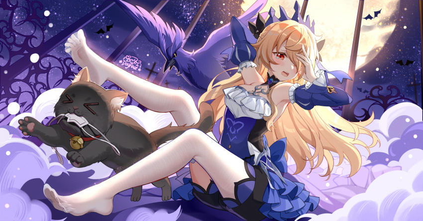 &gt;_&lt; 1girl arm_behind_head armpits artist_name bangs bare_shoulders bat_(animal) bell bird black_choker blonde_hair blush breasts cat choker cross detached_sleeves dress eyepatch eyepatch_removed fischl_(ein_immernachtstraum)_(genshin_impact) fischl_(genshin_impact) frilled_dress frilled_sleeves frills full_body gem genshin_impact gou_lianlian_dogface hair_over_one_eye hair_ribbon hand_on_own_face highres jingle_bell juliet_sleeves leg_up legs long_hair long_sleeves looking_to_the_side moon no_shoes open_mouth oz_(genshin_impact) paid_reward_available pantyhose puffy_sleeves purple_dress purple_ribbon red_eyes ribbon see-through see-through_legwear single_leg_pantyhose single_thighhigh sitting sky small_breasts soles solo star_(sky) starry_sky swept_bangs teardrop teeth thighhighs tiara toes upper_teeth white_pantyhose white_thighhighs