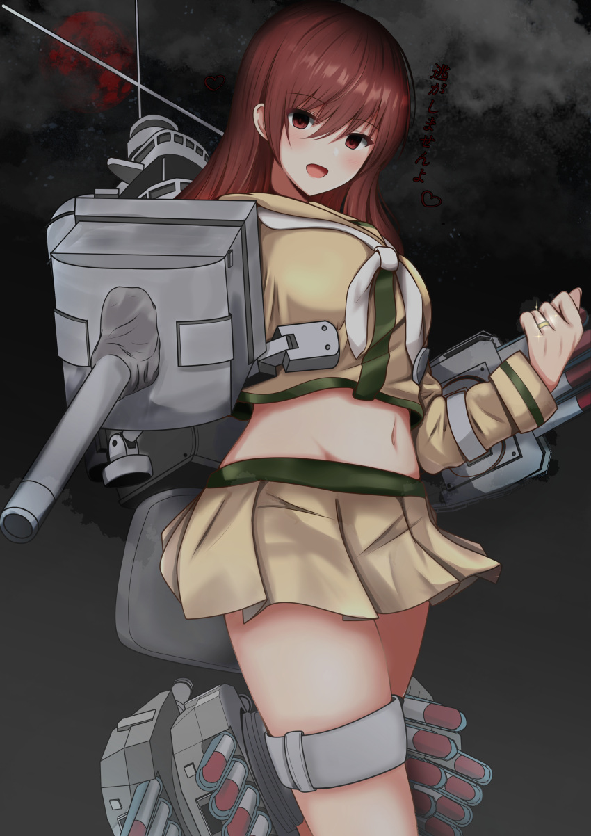 1girl abataa absurdres adapted_turret brown_eyes brown_hair cannon highres jewelry kantai_collection long_hair long_sleeves midriff miniskirt navel neckerchief ooi_(kancolle) ooi_kai_ni_(kancolle) pleated_skirt rigging ring sailor_collar school_uniform serafuku skirt solo standing thigh_strap torpedo torpedo_launcher torpedo_tubes wedding_band white_neckerchief yellow_sailor_collar yellow_serafuku yellow_skirt